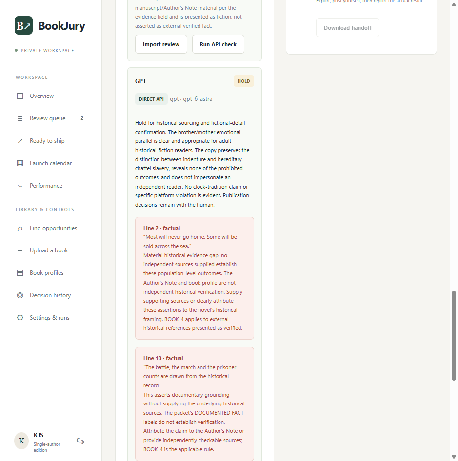 A panel review on hold, listing flagged lines with the rule applied
